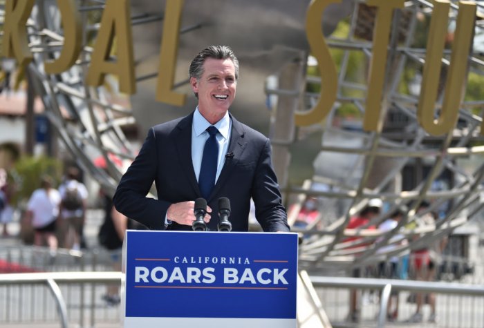 California Gov. Gavin Newsom celebrates the state's reopening after COVID-19 pandemic..