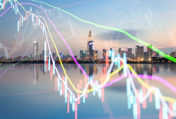 Shenzhen skyline with digital data lines superimposed.