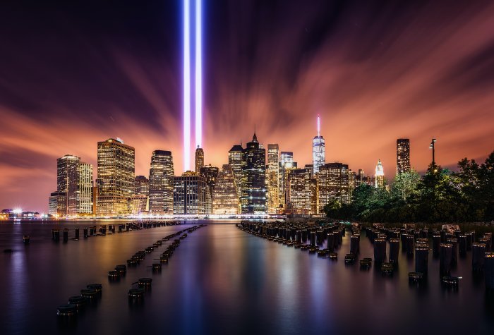 Lights where the World Trade Center towers used to stand.