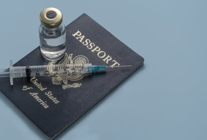 Photo fo a U.S. passport with a vaccine bottle and syringe