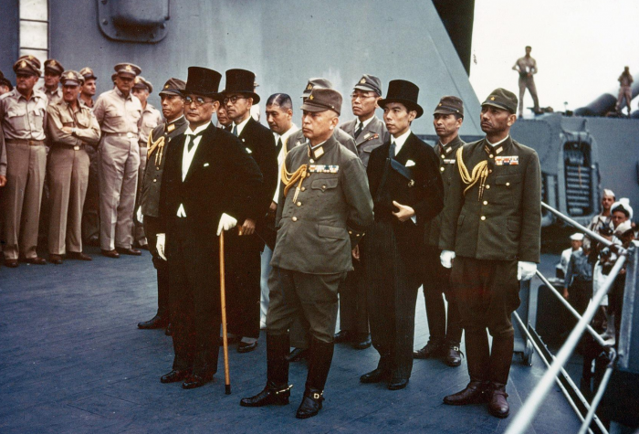 The Japanese delegation onboard the USS Missouri during the surrender ceremony on September 2, 1945.