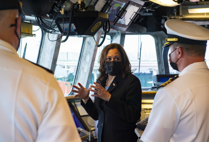 SINGAPORE (Aug. 23, 2021) Vice President Kamala Harris visits combat ship USS Tulsa, part of a deployment in the U.S. 7th Fleet area of operation in support of a free and open Indo-Pacific region.