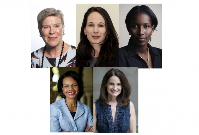Gottemoeller (top row left), Zegart (top row center), Hirsi Ali (top row right), Rice (bottom row left) and Economy (bottom row right)