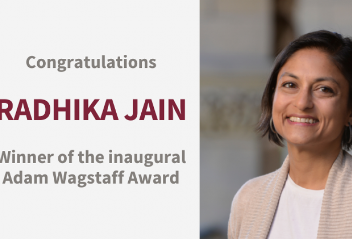 Portrait of Radhika Jain with text congratulating her on winning the inaugural Adam Wagstaff award