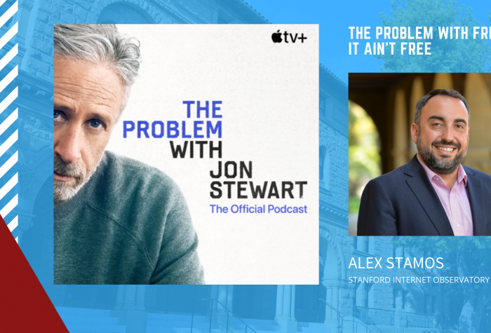jon stewart pictured with Alex stamos of the stanford internet observatory