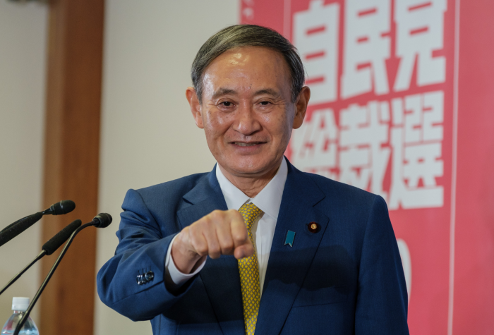 Suga Yoshihide at a press conference at the Liberal Democratic Party (LDP) headquarters.