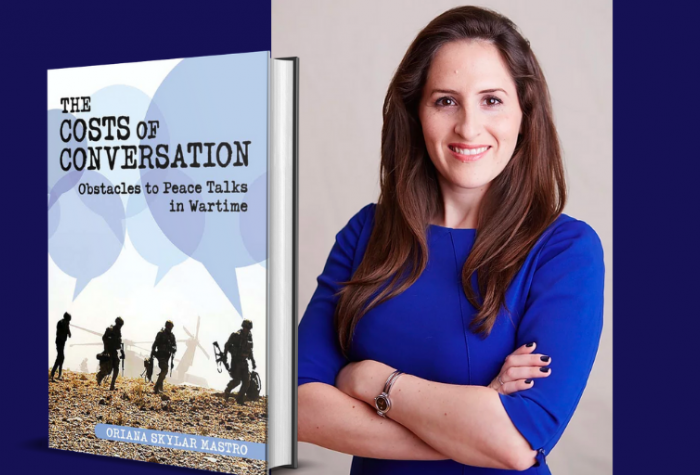 Portrait of Oriana Skylar Mastro and a 3D cover of her book, 'The Costs of Conversation: Obstacles to Peace Talks in Wartime'