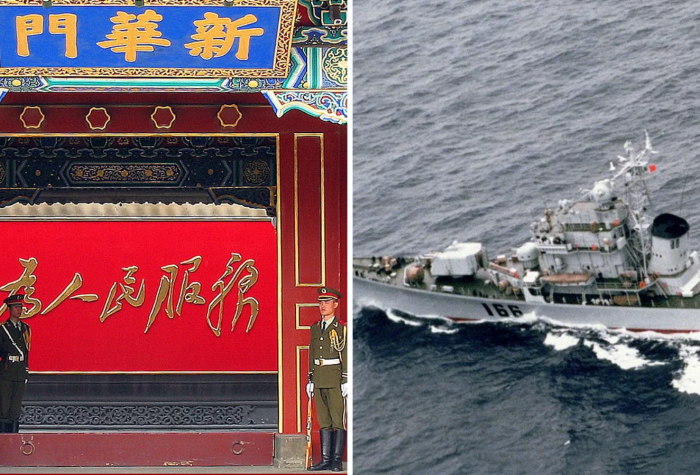 A warship sailing in the South China Sea and a photo of three soldiers standing guard in front of a Chinese traditional building