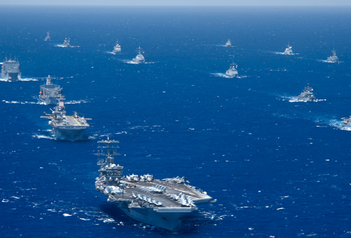 Battleships patrolling in the open ocean.