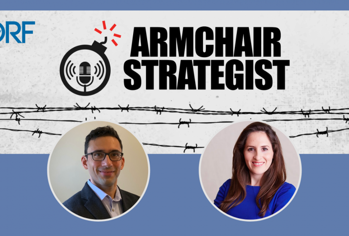 Logo of the Observer Research Foundation's 'Armchair Strategist' podcast with portraits of Oriana Skylar Mastro and Arzan Tarapore