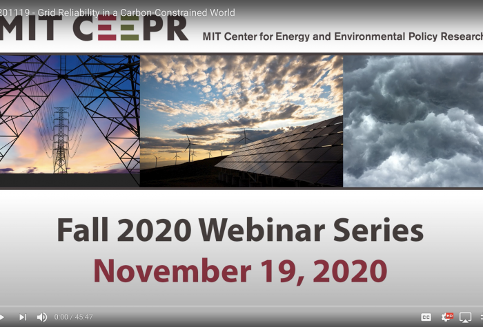 Screen shot of MIT CEEPR's Nov 19, 2020 Fall 2020 Webinar Series discussion on grid reliability in a carbon-constrained world