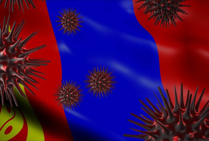 A coronavirus spinning with Mongolia flag behind