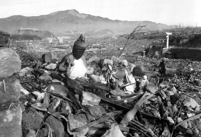 Religious artifacts in the city of Nagasaki lay destroyed after the dropping of the atomic bomb on the city, September 1945 Religious artifacts in the city of Nagasaki lay destroyed after the dropping of the atomic bomb on the city, September 1945