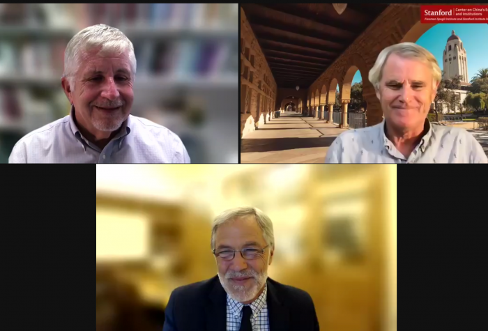 Barry Naughton, Scott Rozelle, and Matt Marostica speak on Zoom during the 2021 Dr. Sam-Chung Hsieh Memorial Lecture.