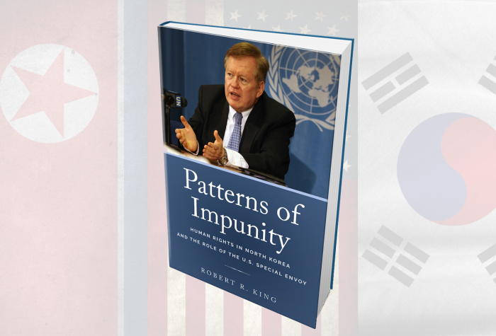 "Patterns of Impunity" by Robert King on a backgorund showing the flags of North Korea, South Korea, and the United States.