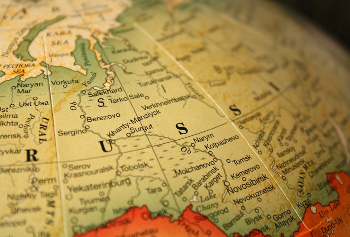 Globe of the world, focused on the Russian continent