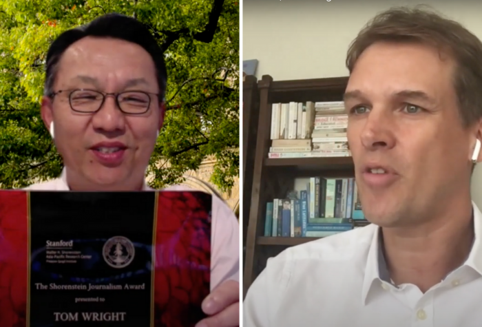 Gi-Wook Shin presents the 2020 Shorenstein Journalism Award to Tom Wright at a virtual event
