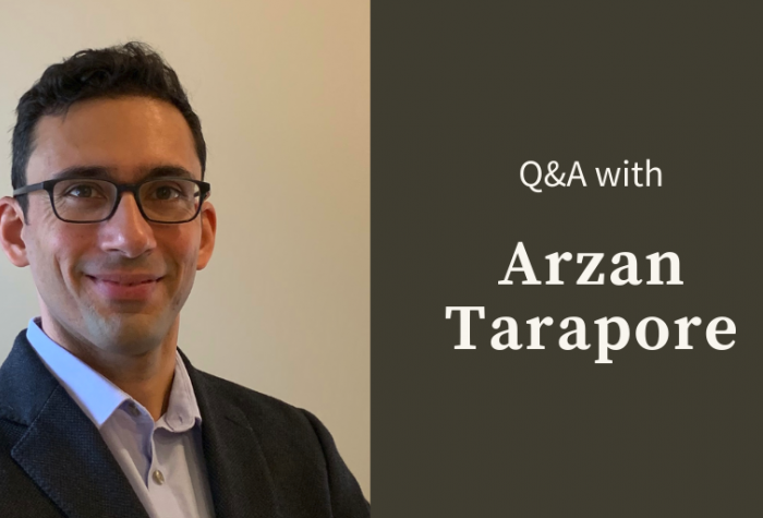 Portrait of Arzan Tarapore and text: "Q&A with Arzan Tarapore"