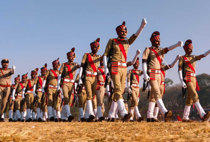 A regiment of the Indian Army practices in dress uniform for Republic Day