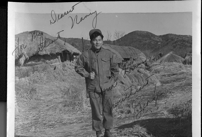 George Mukai in Munsan, a town south of the Imjin River near Panmunjom, during the Korean War, 1951