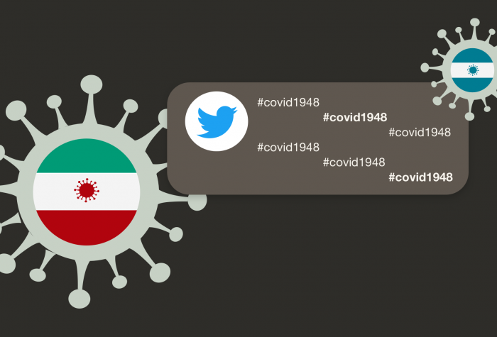 graphic with corona viruses, stylized flags of Iran and Israel, and the hastag covid1948