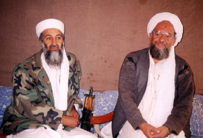 Osama bin Laden with then-advisor Ayman al-Zawahiri during a November 2001 interview at an undisclosed location in Afghanistan.