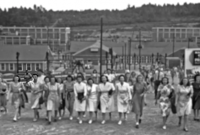 A 1945 photo of the “Calutron Girls” of the Y-12 Nuclear Security Complex at Oak Ridge, Tennessee includes only one Black employee, despite the instrumental role of Black women at the facility. The image has been altered to bring focus to her