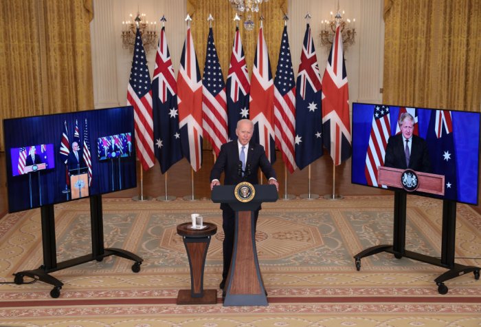 Joe Biden speaks during an event in the White House September 15, 2021 in Washington, DC. President Biden announced a new national security initiative in partnership with Australian Prime Minister Scott Morrison (L) and UK Prime Minister Boris Johnson