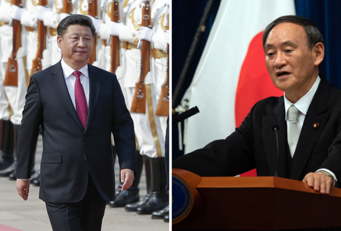 Photos of China's Xi Jinping walking and Japan's Yoshihide Suga speaking at a podium