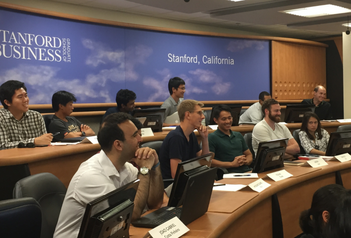 Stanford students participate in class.