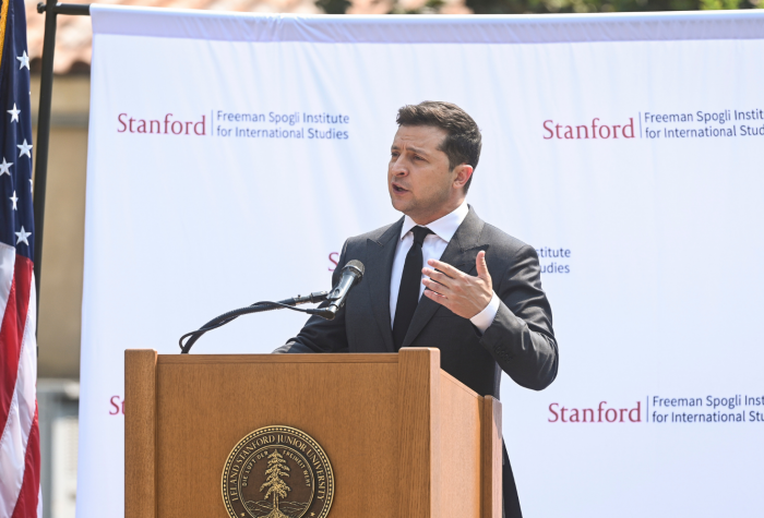 President Volodymyr Zelensky of Ukraine speaks at the Freeman Spogli Institute for International Studies