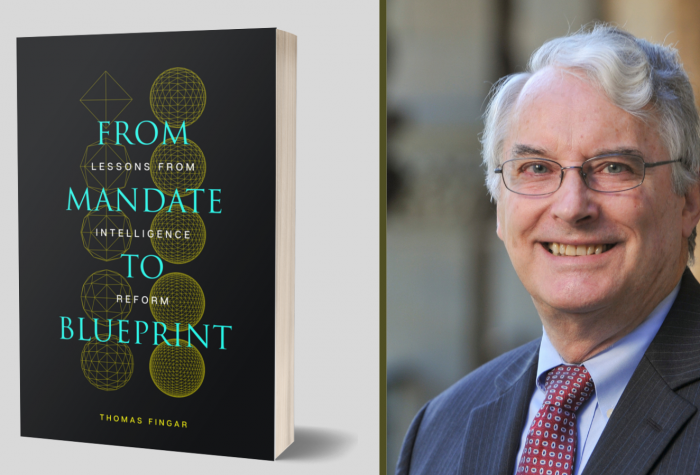 Cover of the book "From Mandate to Blueprint" and a portrait of Thomas Fingar