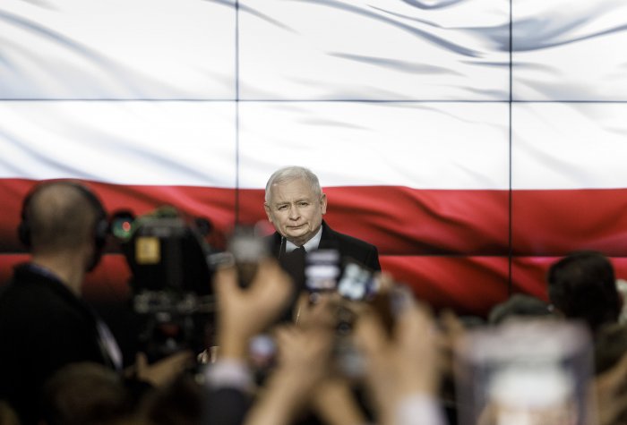 WARSAW, POLAND - OCTOBER 13: Jaroslaw Kaczynski, leader of the governing, right-wing Law and Justice political party (PiS), speaks to supporters following the announcement of first results in Polish parliamentary elections on October 13, 2019 in Warsaw, P