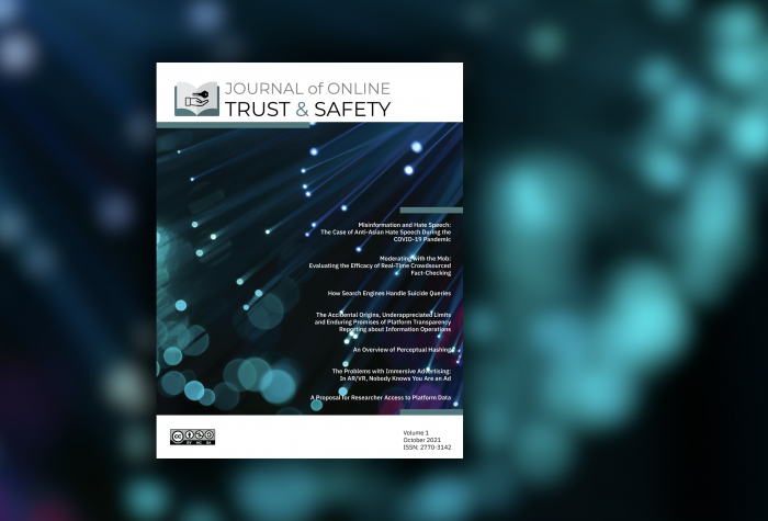 the cover of the first issue of the journal of online trust and safety featuring a stylized picture of fiber optic cables and the logo of the journal