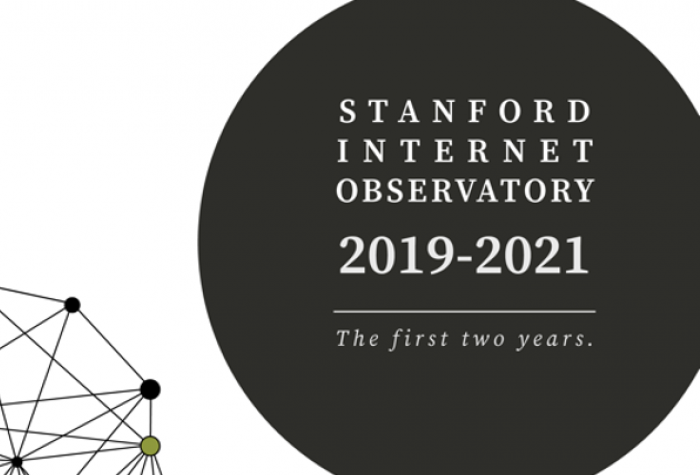 headliner graphic with a graphic illustration of nodes and connecters and the text "stanford internet observatory 2019-2021 the first two years."