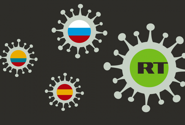 virality project graphic with RT logo and flags