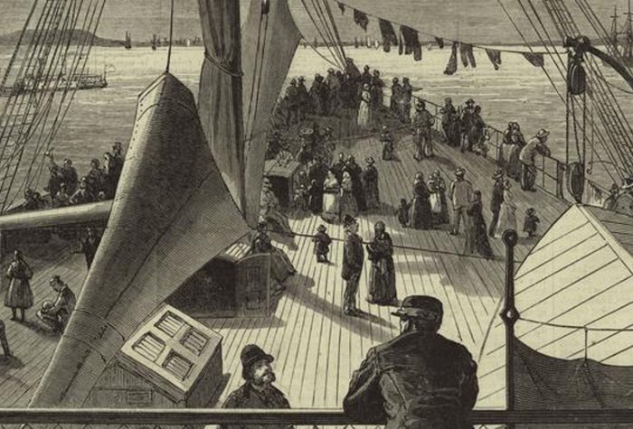 First sight of New York Bay--arrival of a European steamer. Artist: James Wells Champney Image of "First sight of New York Bay -- arrival of a European steamer" by James Wells Champney