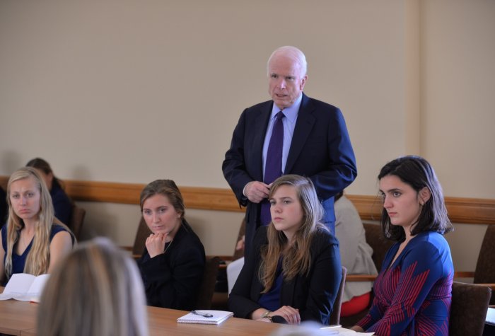 U.S. Senator John McCain listens as a Stanford students asks a question during a small group discussion about foreign policy. img 3457