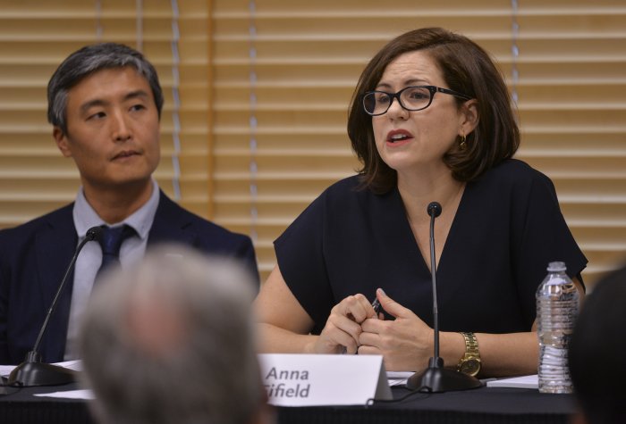 Shorenstein Journalism Award winner Anna Fifield (right) speaks at award panel