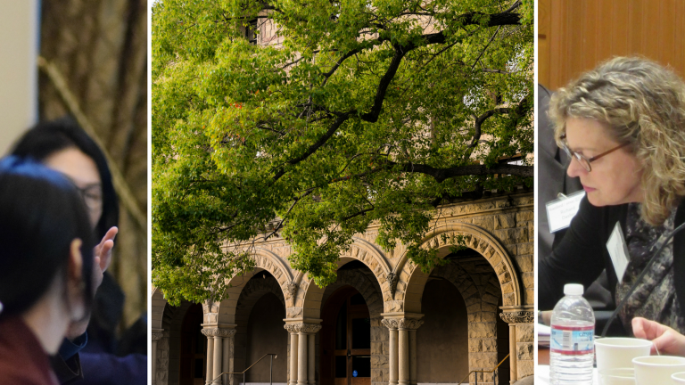 Collage of three images: Koret Fellow Andray Abrahamian standing at a podium (left); Encina Hall colonnade (middle); Kathleen Stephens and Michelle Hsieh during a Koret conference (right).
