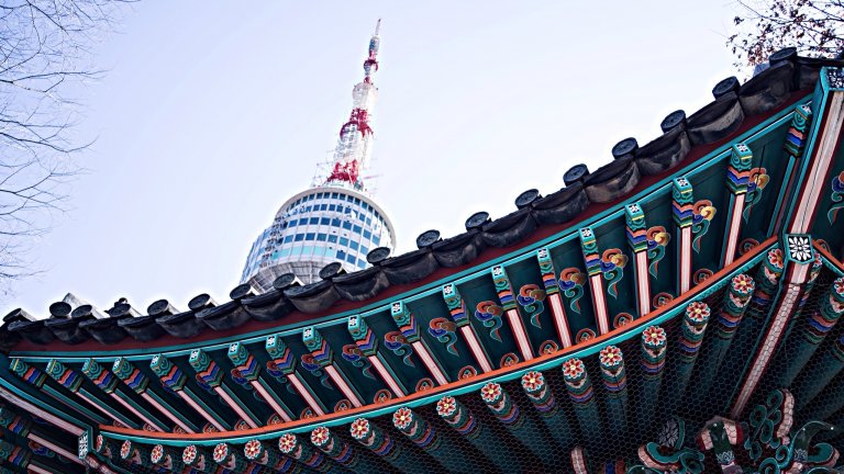 Low angle view of Namsan tower against clear sky, Seoul, Korea.