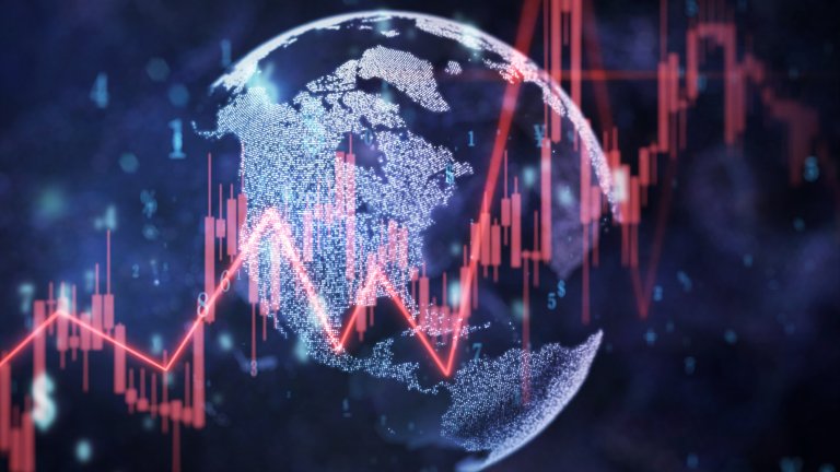 Concept image of a graph line superimposed in front of a globe.