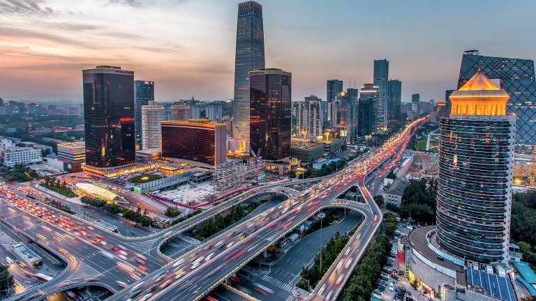 Beijing central business district buildings and highways bird's eye view.