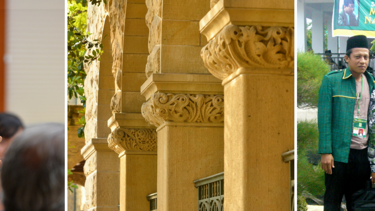 Collage of three images: postdoc scholar Ketian Zhang holding a microphone; colonade at Encina Hall's entranceway; postdoc scholar Jeremy Menchik in Indonesia.