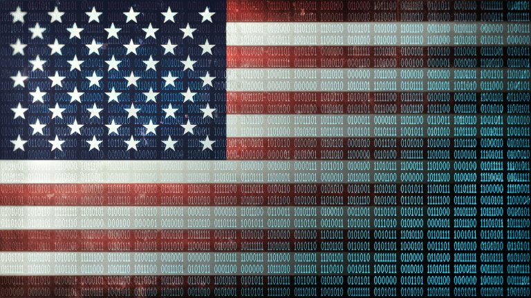 A US flag with binary code